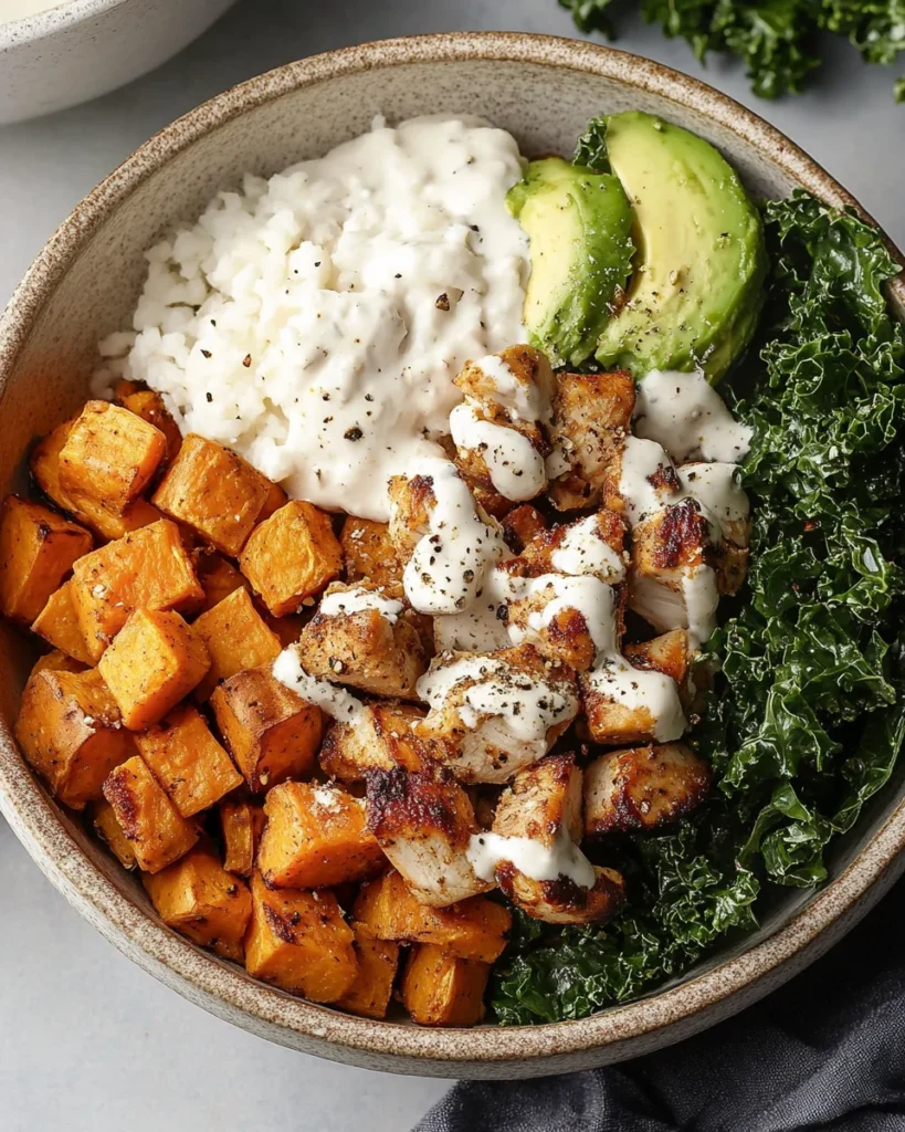 Roasted Chicken, Sweet Potato, and Kale Bowls