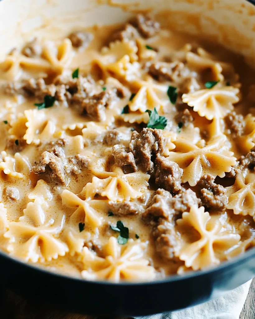 Cheesy Beef And Bowtie Pasta In Garlic Butter