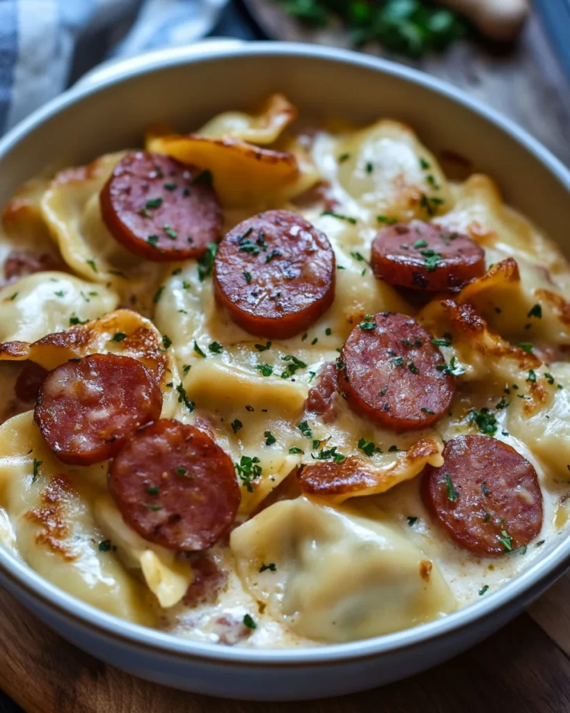 Crockpot Pierogi Casserole with Kielbasa