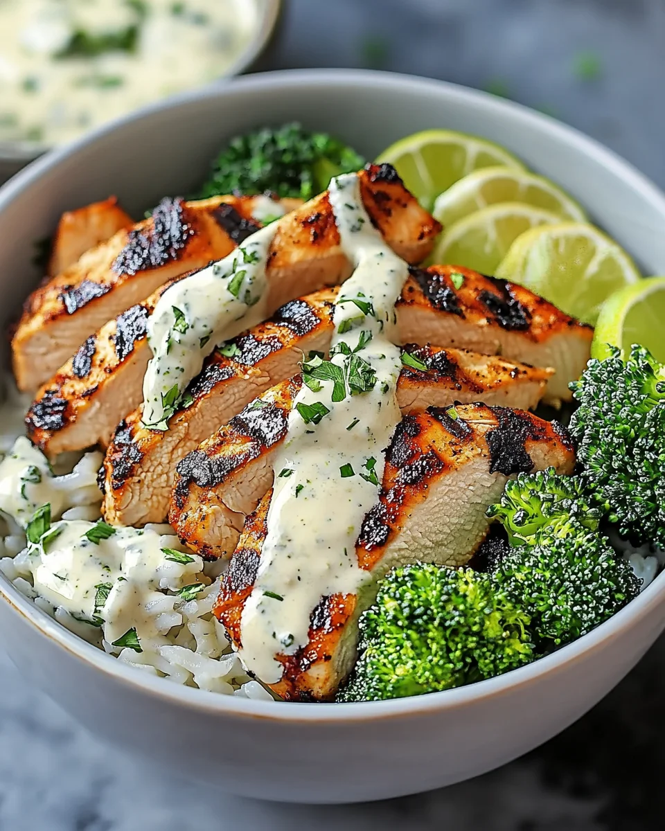 Grilled Chicken & Broccoli Bowls with Creamy Garlic Sauce
