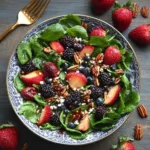 30-Minute Strawberry Spinach Salad with Blueberries, Pecans, Feta cheese, and a Balsamic glaze.