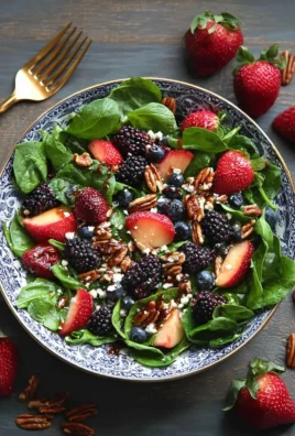 30-Minute Strawberry Spinach Salad with Blueberries, Pecans, Feta cheese, and a Balsamic glaze.