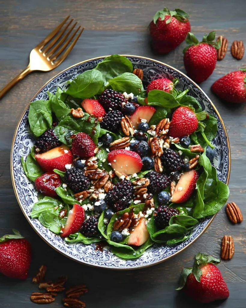 30-Minute Strawberry Spinach Salad with Blueberries, Pecans, Feta cheese, and a Balsamic glaze.