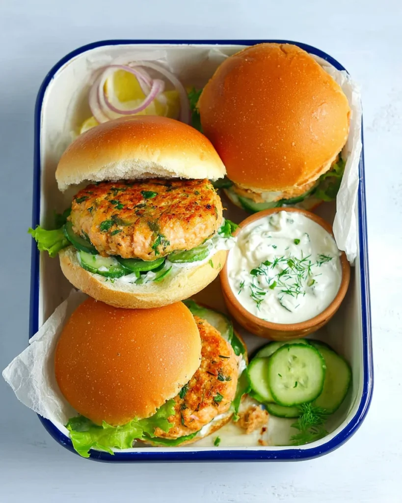 Fresh Salmon Burgers with Tzatziki Dressing