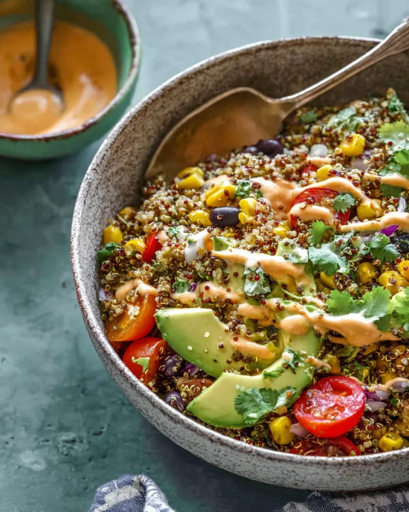 High protein southwest quinoa salad with Creamy Chipotle dressing