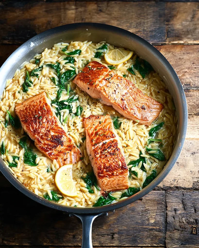 One Skillet Salmon with Lemon Orzo