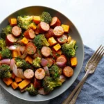 Sheet Pan Sausage and Sweet Potatoes with Honey Garlic Sauce