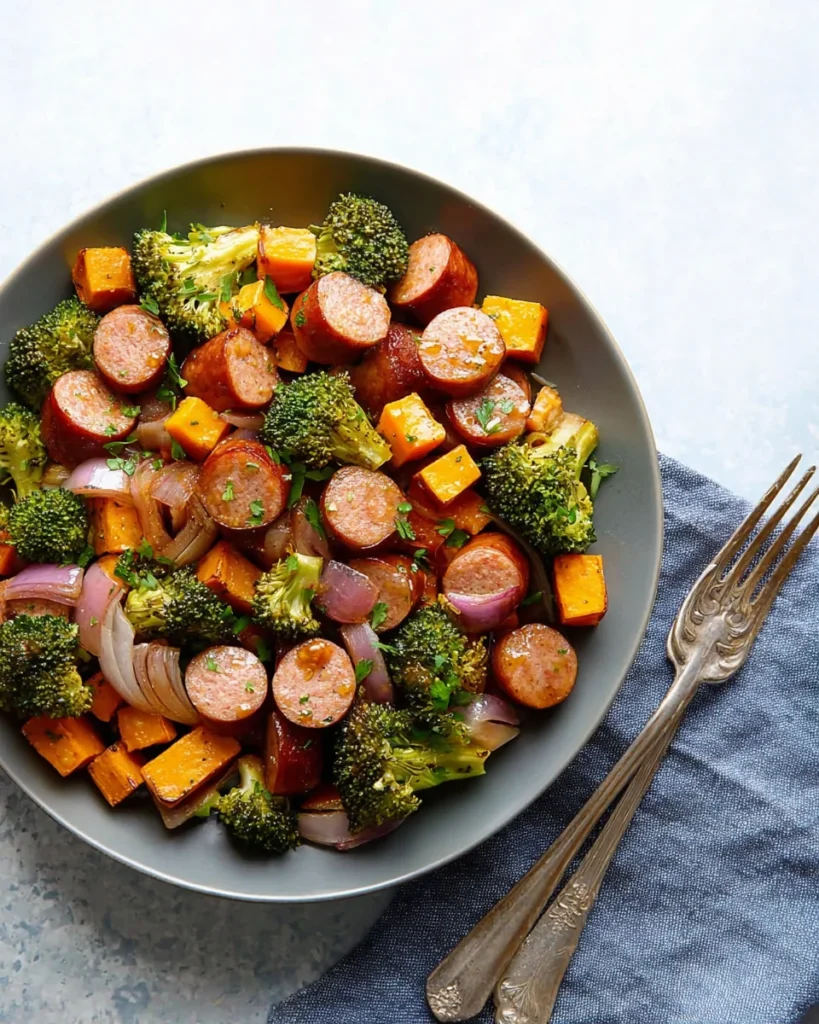 Sheet Pan Sausage and Sweet Potatoes with Honey Garlic Sauce