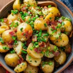 Warm German Potato Salad Recipe, with bacon, vinegar, and mustard!