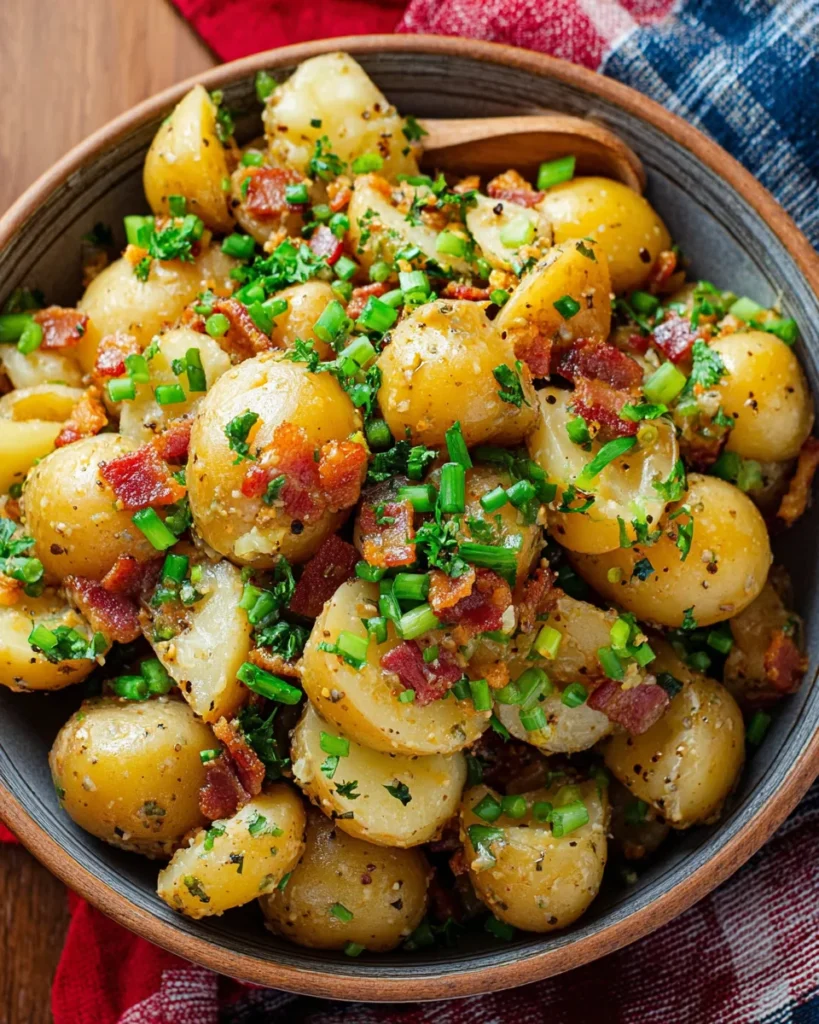 Warm German Potato Salad Recipe, with bacon, vinegar, and mustard!